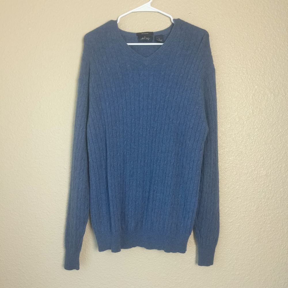 Allen Solly Men's 100% Cashmere‎ Cable Knit V-Neck Sweater, XL Blue